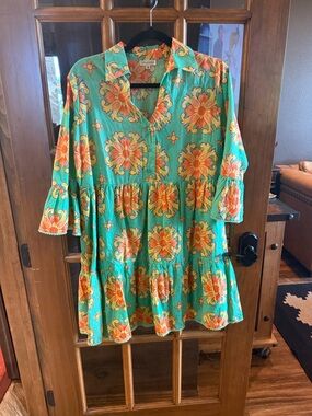 Boho Floral Tiered Mini Dress - Green with Orange Floral